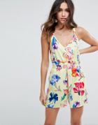 Asos Romper With Frill In Floral Print - Yellow