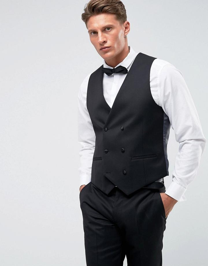 Farah Skinny Tuxedo Double Breasted Suit Vest - Black