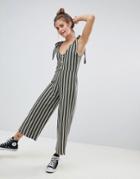 Pull & Bear Tie Strap Jumpsuit In Stripe Print - Green