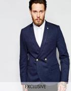 Noose & Monkey Double Breasted Jersey Blazer With Stretch And Gold Buttons In Super Skinny Fit - Navy