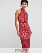 Love Triangle High Neck Pencil Dress With Delicate Lace Back - Red