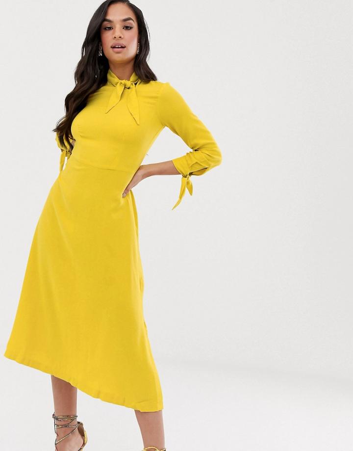 Closet Tie Neck A Line Dress - Yellow