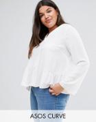 Asos Curve Ruffle Hem Chuck On Blouse With 3/4 Sleeve - White