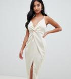 Asos Design Petite Satin Midi Dress With Knot Front And Plunge Neck - Multi
