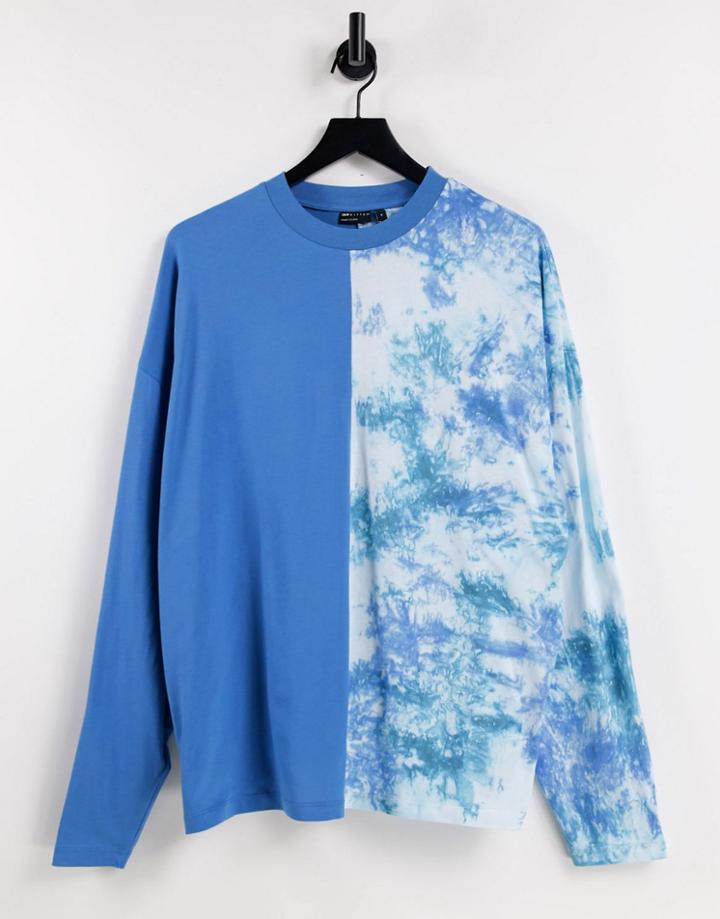 Asos Design Oversized Long Sleeve T-shirt In Blue Color Block With Acid Wash-multi