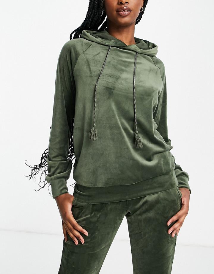 Hunkemoller Velour Oversized Hoodie With Tassel Detail In Khaki-green