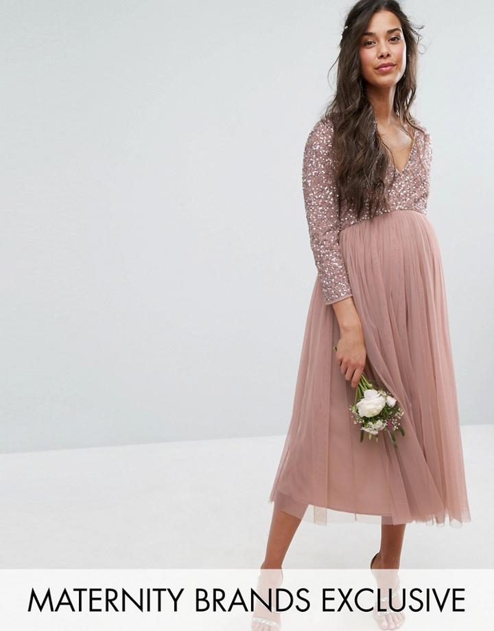 Maya Maternity 3/4 Sleeve Midi Dress With Delicate Sequin And Tulle Skirt - Pink