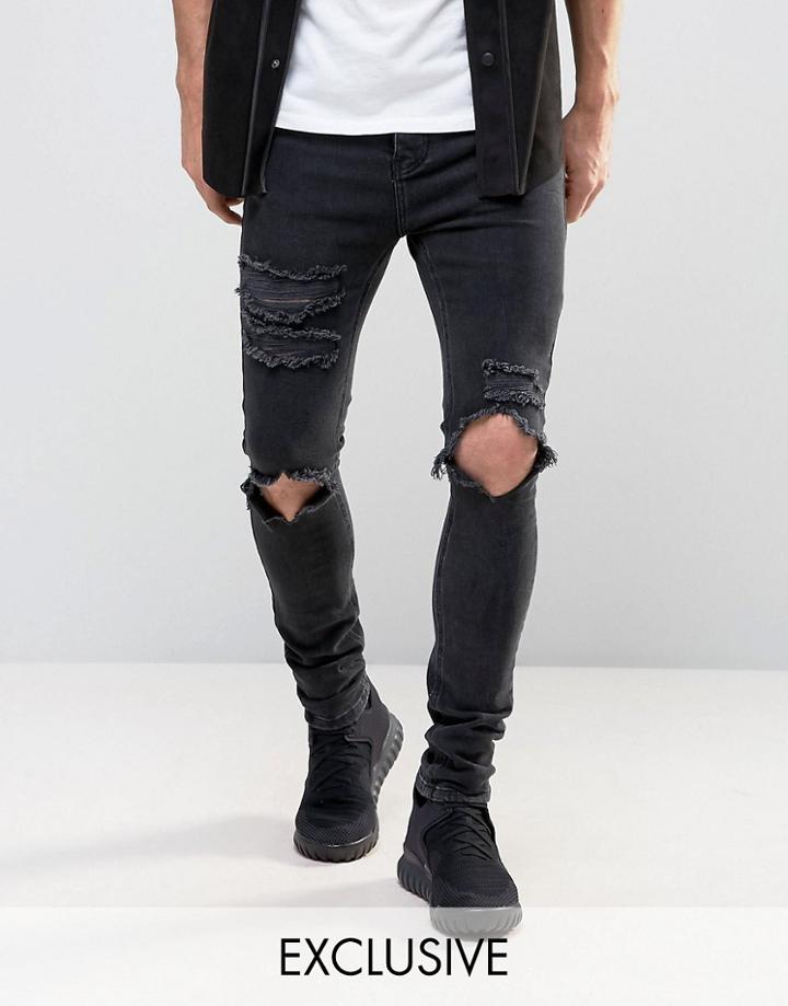 Mennace Skinny Jeans With Distressing In Black Wash - Black