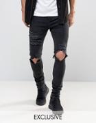 Mennace Skinny Jeans With Distressing In Black Wash - Black