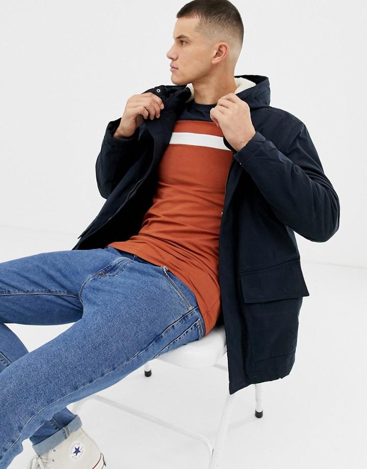 New Look Parka Jacket With Fleece Lined Hood In Navy - Navy