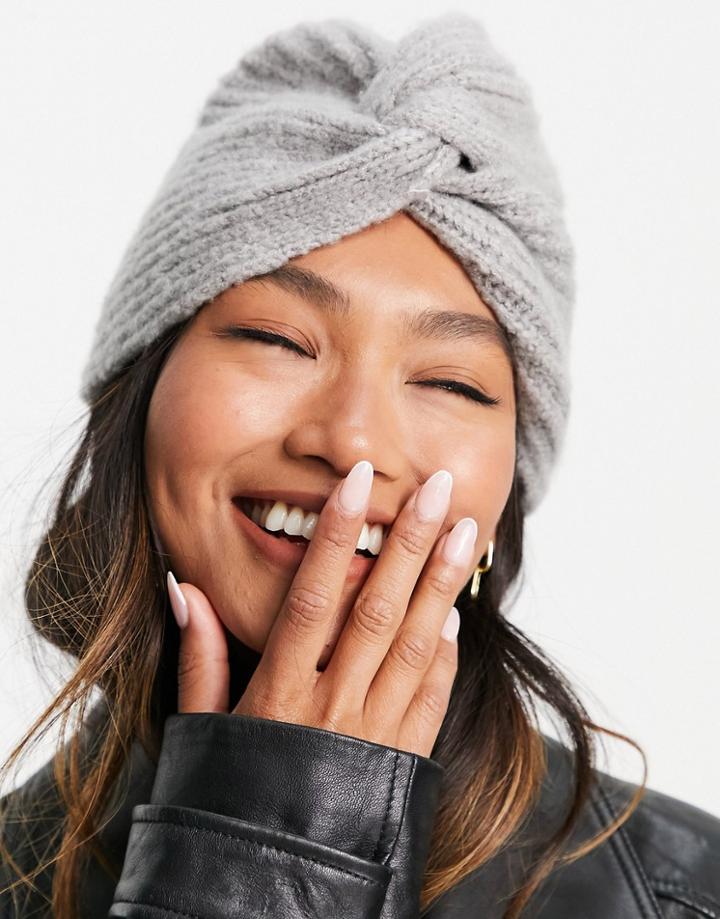 Asos Design Twist Front Knitted Beanie In Gray-grey