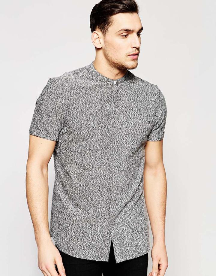 Asos Textured Shirt In Grey Marl With Grandad Collar And Short Sleeve - Gray