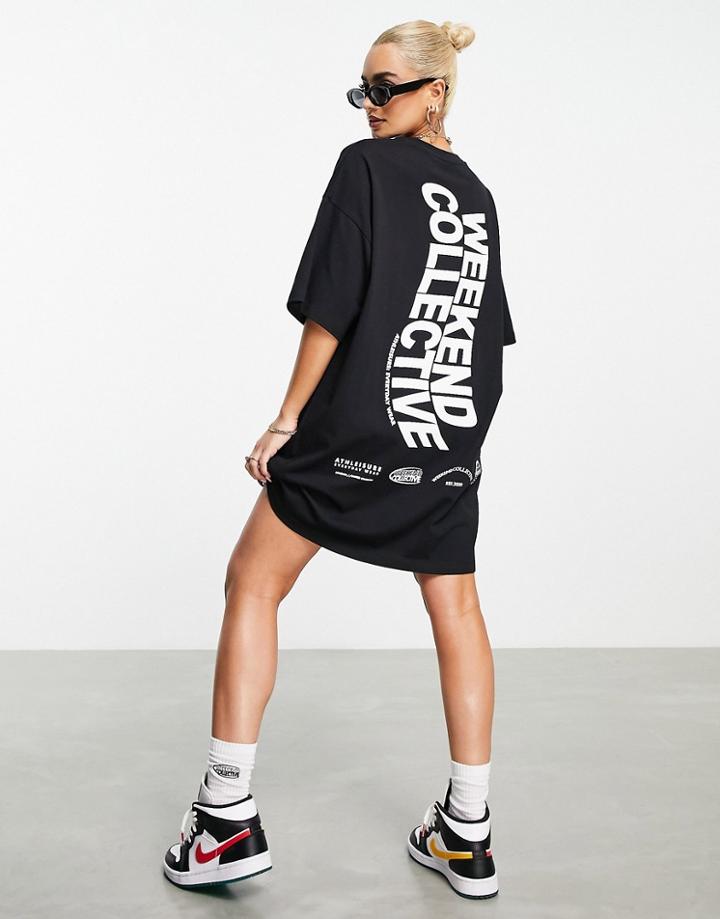Asos Weekend Collective Oversized T-shirt Dress With Wavy Back Logo In Black