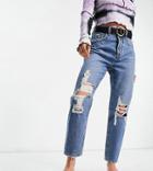 Stradivarius Cotton Petite Vintage Ripped Mom Jean In Medium Blue - Mblue-blues