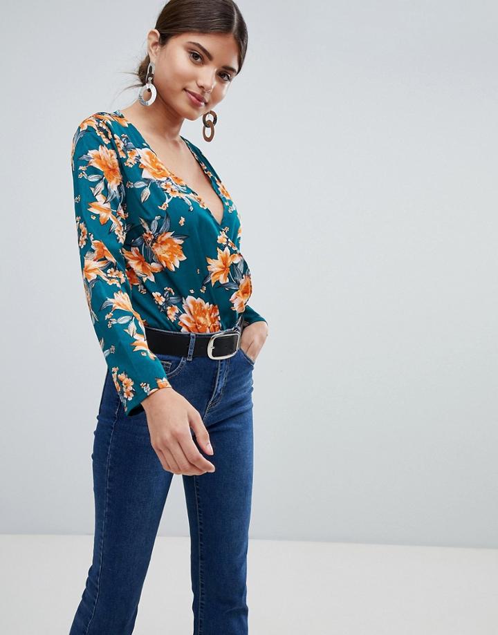 Missguided Floral V Neck Body - Green