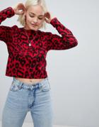 Asos Design Crew Neck Sweater In Bright Leopard - Red