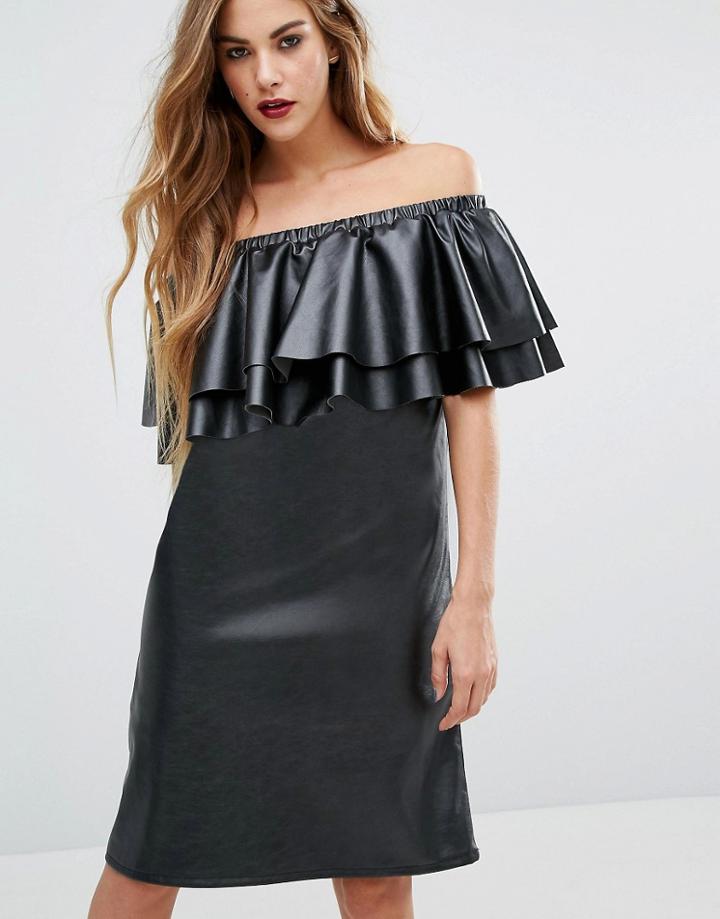 First & I Faux Leather Ruffle Bardot Dress - Black