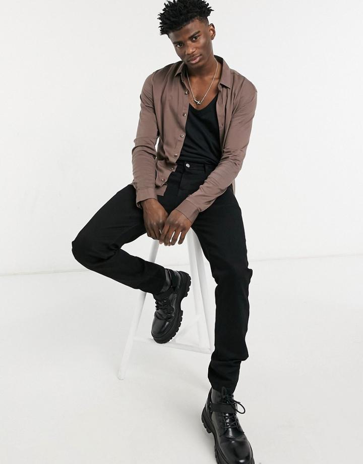 Asos Design Skinny Fit Viscose Shirt In Brown