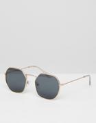 Asos Round Angled Sunglasses In Gold Metal Frame With Smoke Lens Detail - Gold