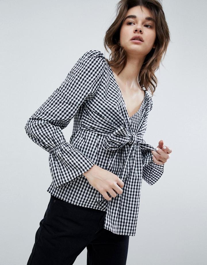 Walter Baker Katherine Gingham Tie Front Blouse - Black