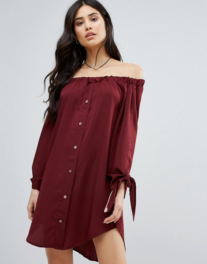 Ax Paris Printed Off The Shoulder Mini Dress With Tie Sleeves - Red