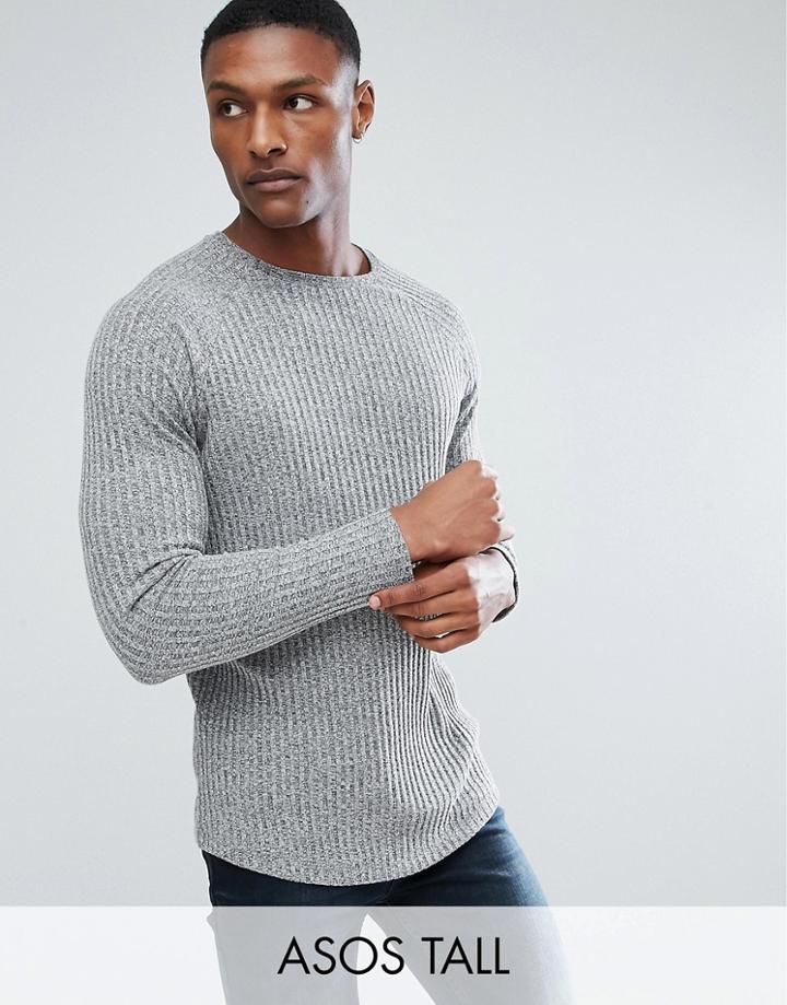 Asos Tall Longline Long Sleeve T-shirt In Twisted Interest Rib With Curved Hem - Gray