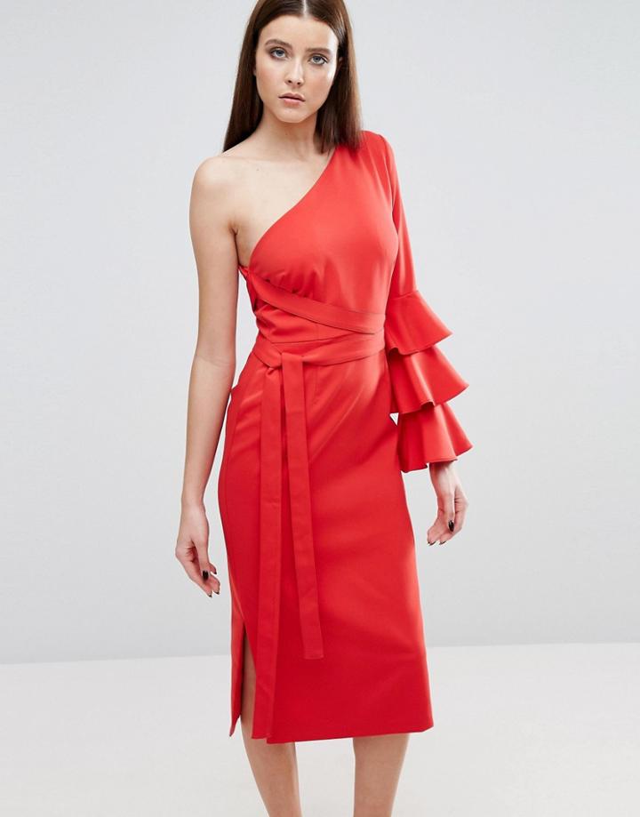 Lavish Alice One Shoulder Pencil Dress With Exaggerated Ruffle Sleeve - Red