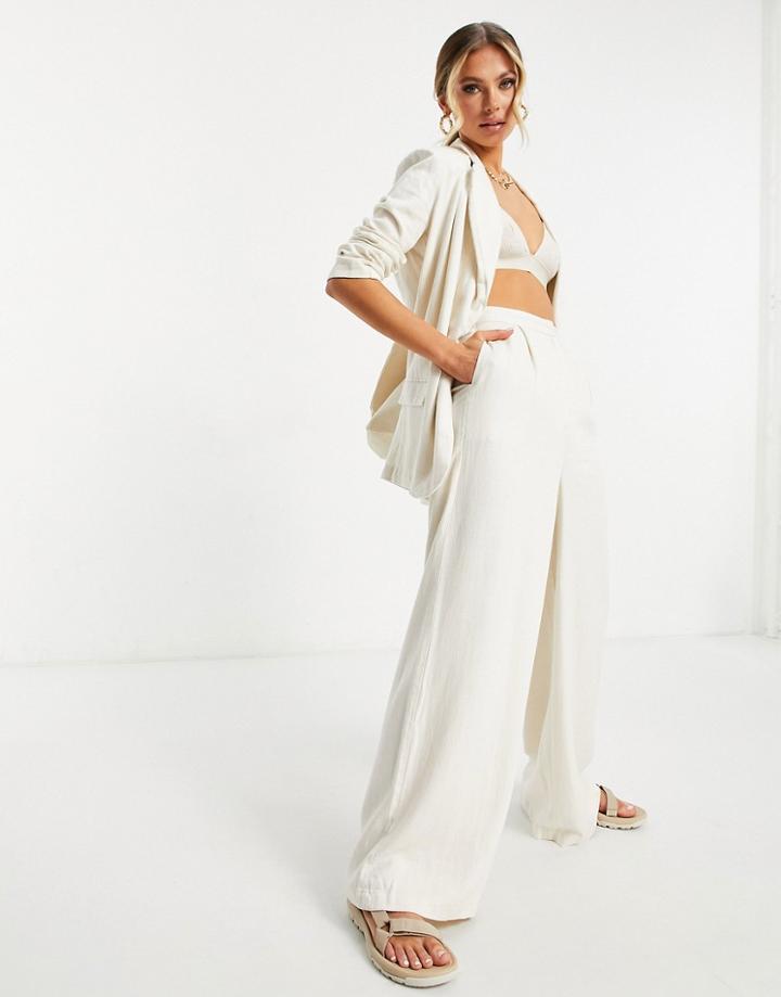 Asos Design Washed Linen Suit Wide Leg Pants In Beige-neutral