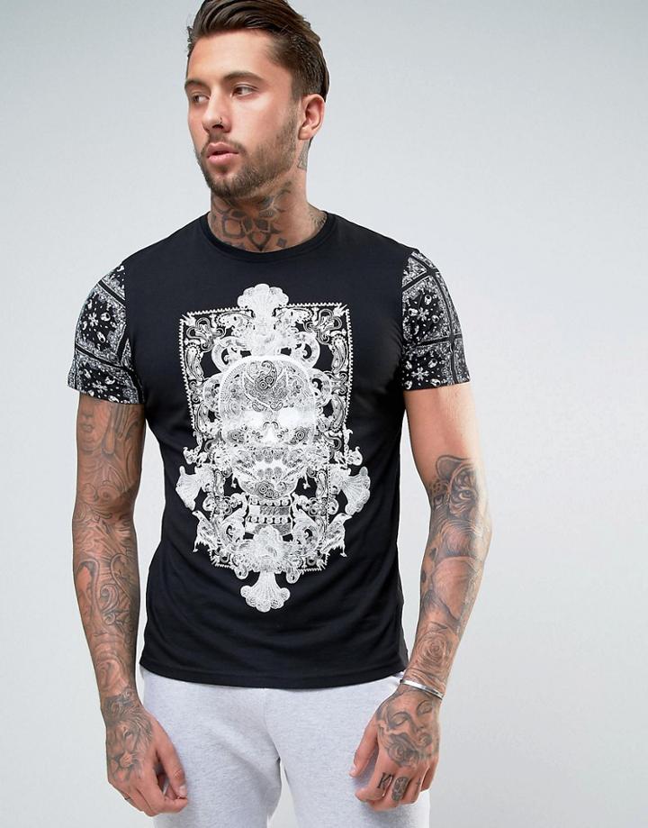 Brave Soul Skull Front And Sleeve Print T-shirt - Black