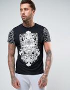 Brave Soul Skull Front And Sleeve Print T-shirt - Black