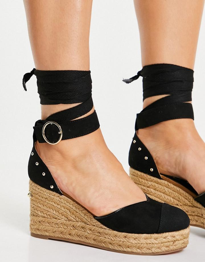 River Island Studded Heeled Espadrille Wedge Sandal In Black