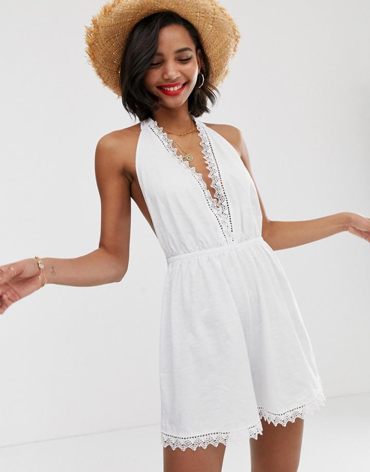Asos Design Halter Neck Romper With Lace Trim-green