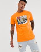 Bershka T-shirt With Photo Chest Print In Orange - Orange