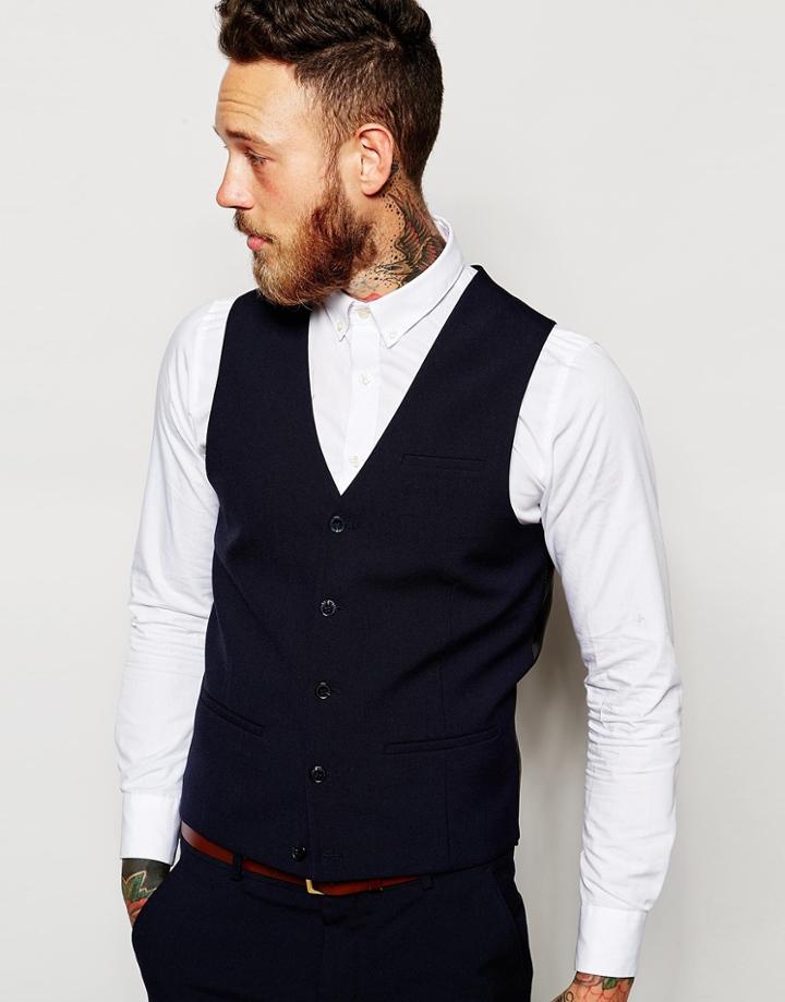 Asos Waistcoat With Square Hem In Navy - Navy
