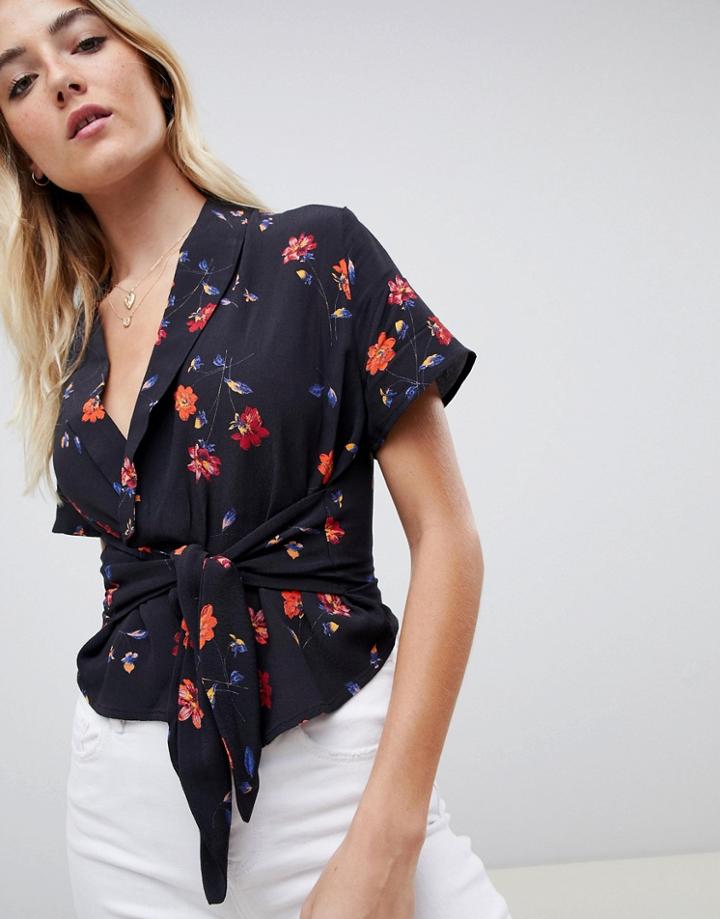 Nobody's Child Tie Front Blouse In Floral - Black