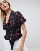 Nobody's Child Tie Front Blouse In Floral - Black