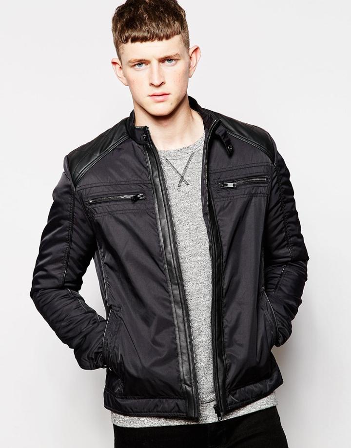 Brave Soul Faux Leather Patch Biker Jacket - Black