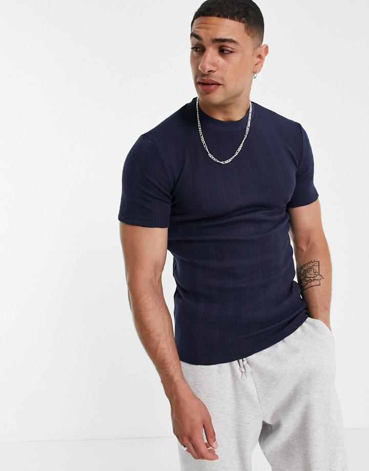 Asos Design Muscle T-shirt In Stripe Textured Navy Fabric