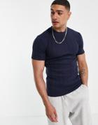 Asos Design Muscle T-shirt In Stripe Textured Navy Fabric