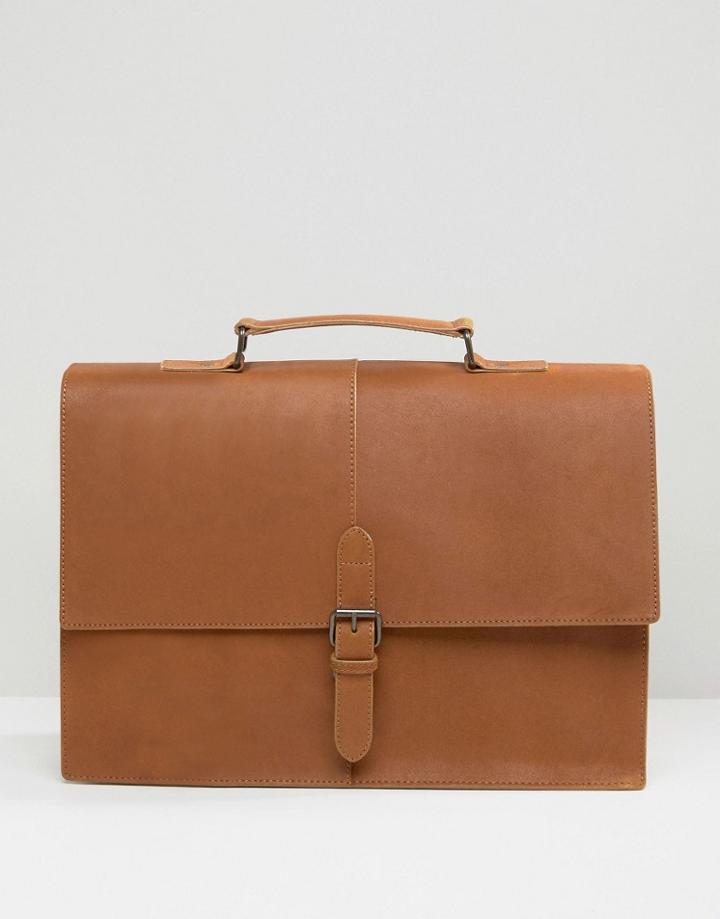Asos Leather Satchel In Tan With Buckle Strap - Tan
