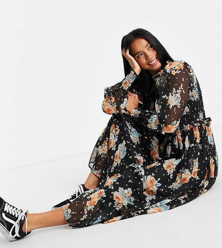 Miss Selfridge Petite Shirred Bodice High Neck Midi Dress In Floral Print-multi