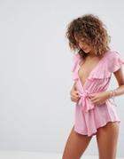 Asos Beach Romper With Frill Shoulder And Tie Waist - Pink