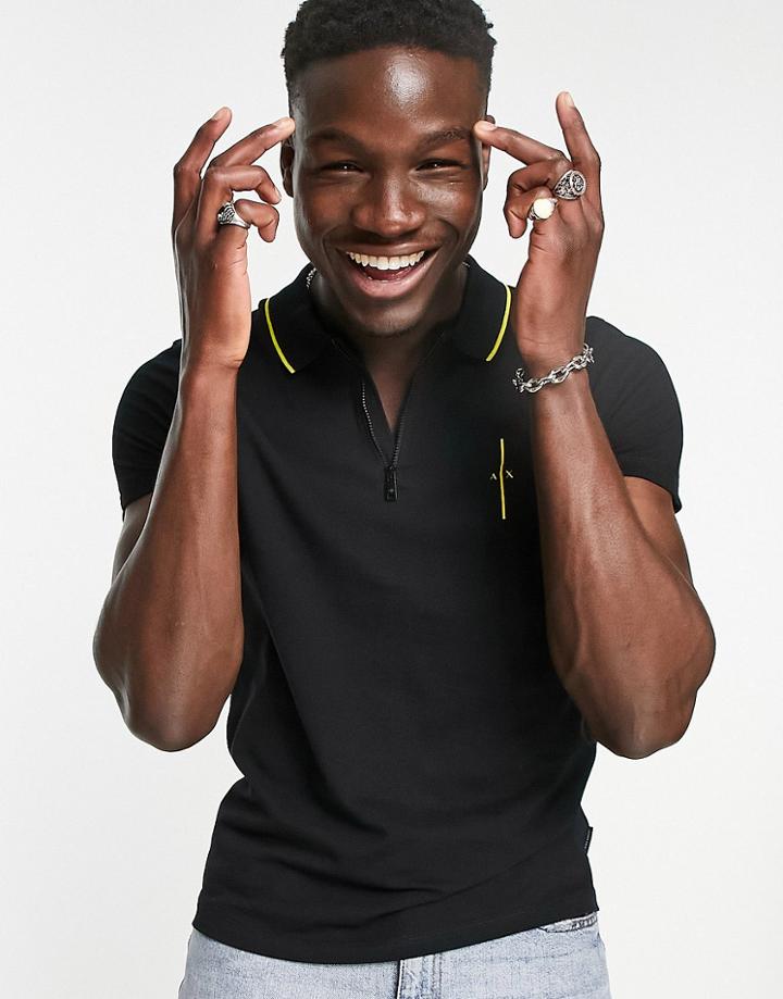Armani Exchange Zip Neck Polo Shirt With Debossed Back Branding In Black