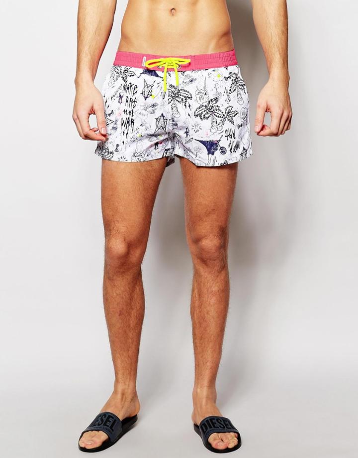 Diesel Print Swim Shorts In Shorter Length - White