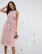 Asos Wedding Iridescent Delicate Beaded Open Back Skater Midi Dress - Pink