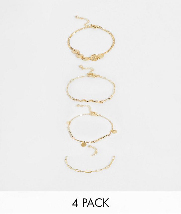 Asos Design Pack Of 4 Bracelets With Snake And Disk Charms In Gold Tone