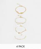 Asos Design Pack Of 4 Bracelets With Snake And Disk Charms In Gold Tone
