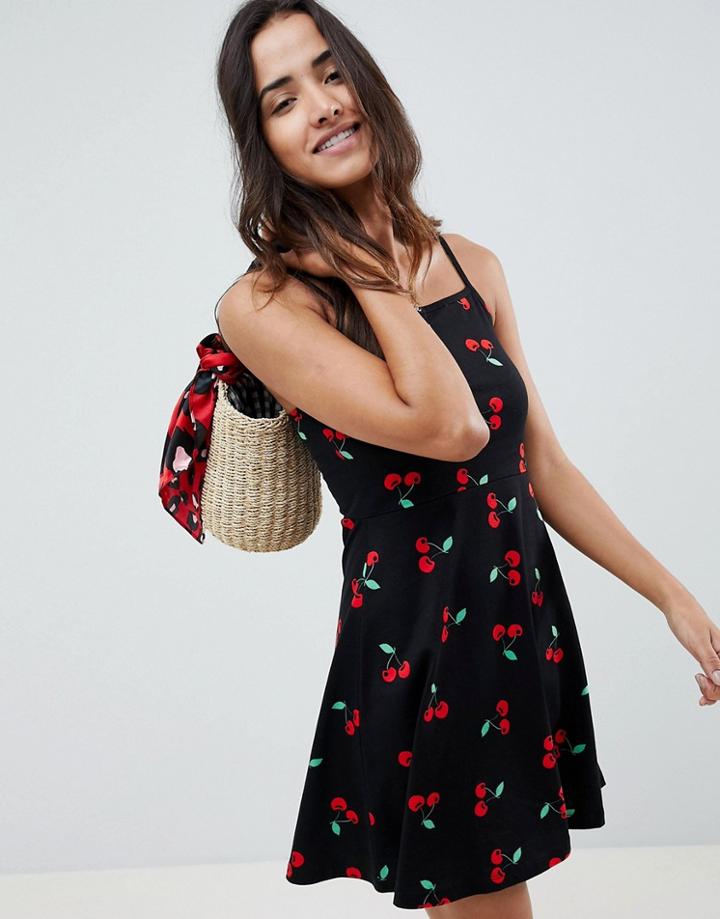 Asos Design Square Neck Mini Sundress In Cherry Print - Multi