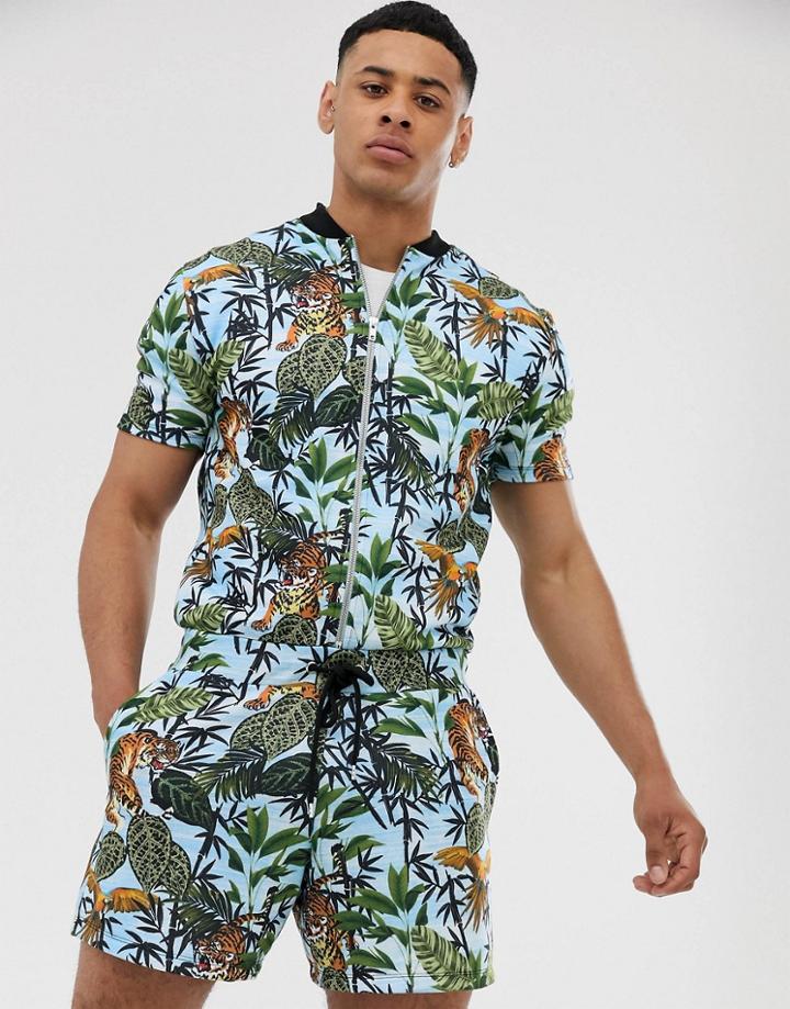 Asos Design Festival Short Boilersuit In Tropical Tiger Print - Blue