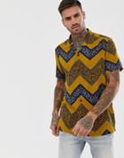 Asos Design Regular Fit Shirt With Chevron Leopard Print Stripe - Yellow